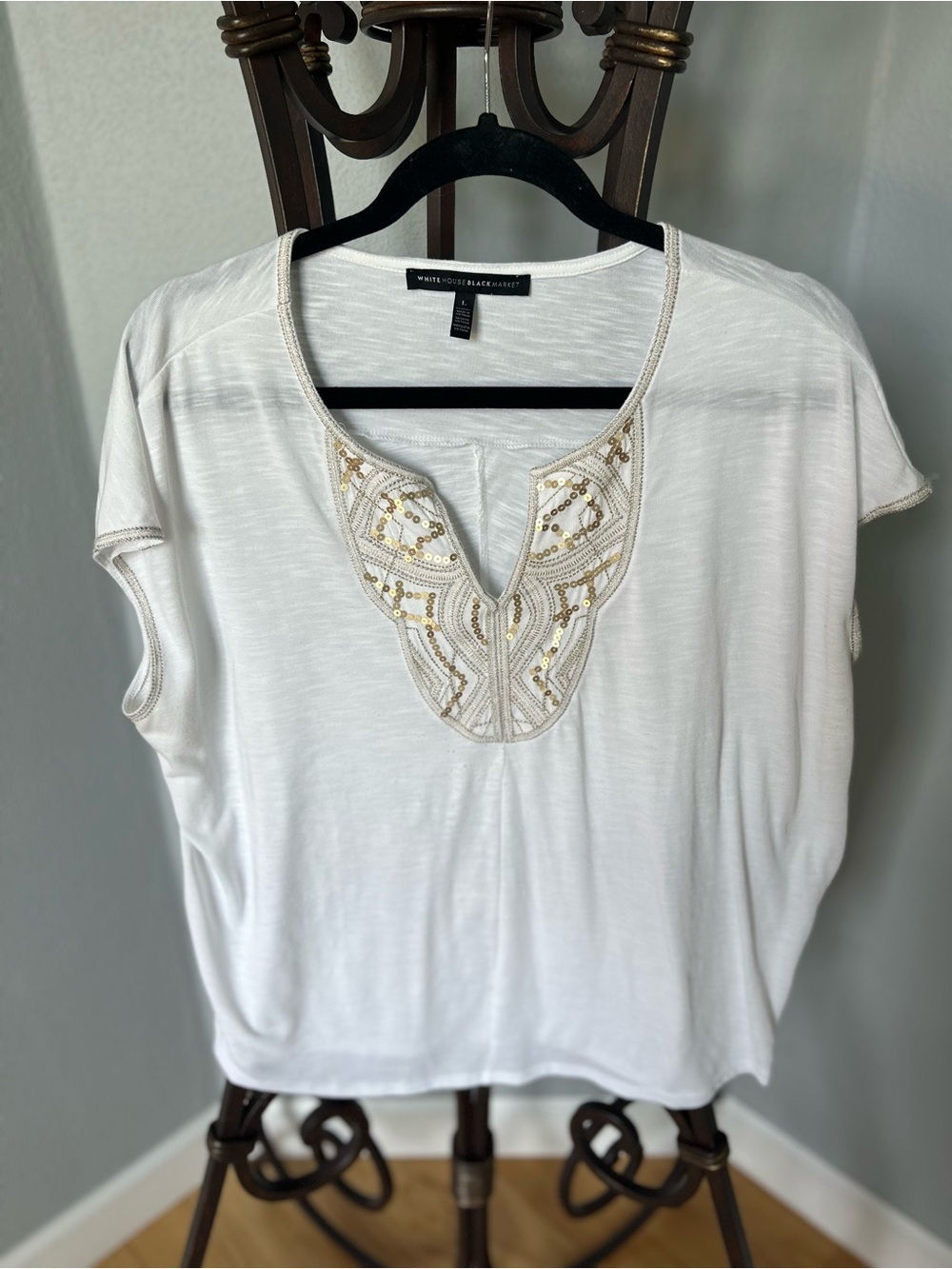 Black House White Market White & Gold Beaded Split-Neck Women’s Top🤍🤩💛